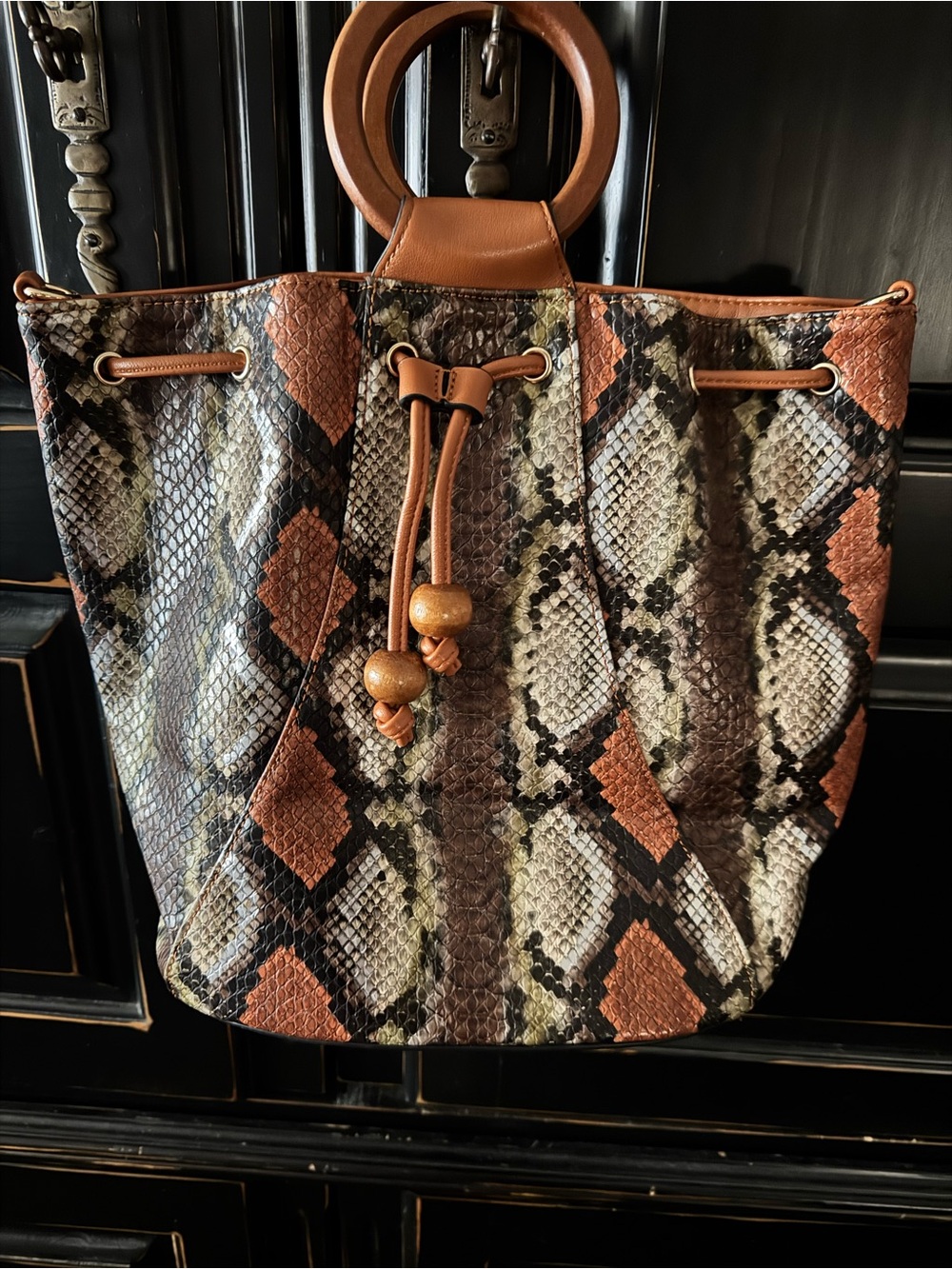 Snake-Print Bucket Bag with Tan Accents